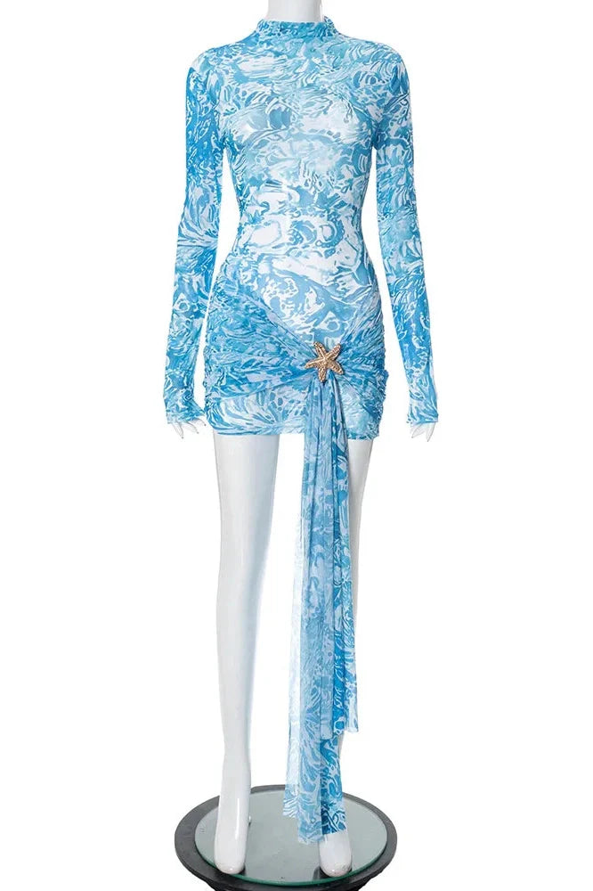 Elegant Printed Long Sleeve Slim Mini Dress