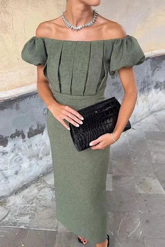 Elegant Slim High Waist Off-Shoulder Puff Sleeve Maxi Dress