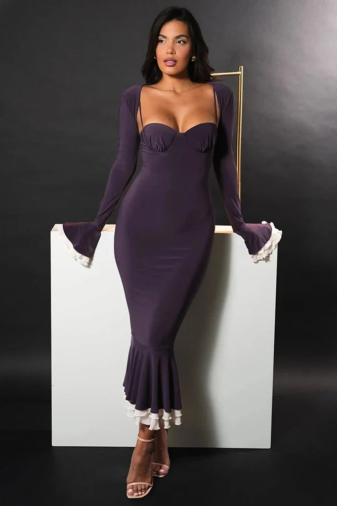 Elegant Long Sleeve Patchwork Square Collar Maxi Dress