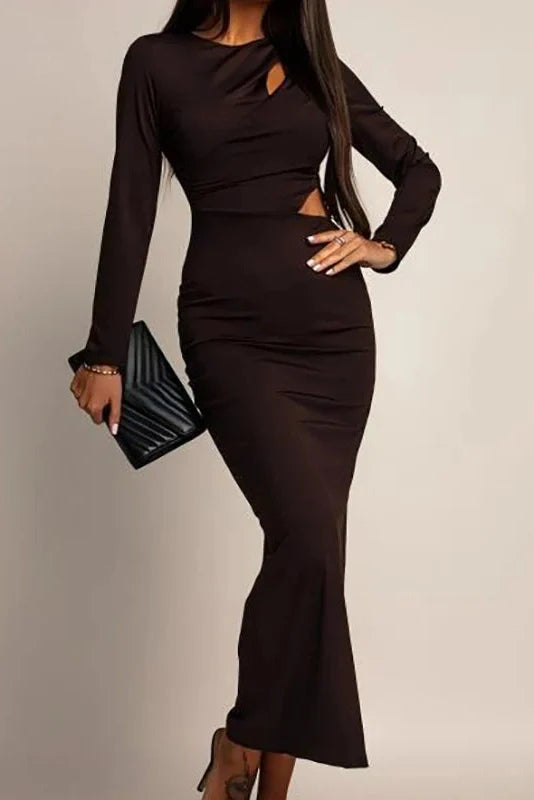 Hollow Out Long Sleeve O-Neck Bodycon Maxi Dress