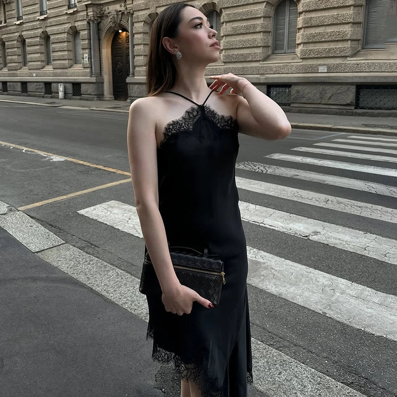 Lace Backless Spaghetti Strap Irregular Midi Dress