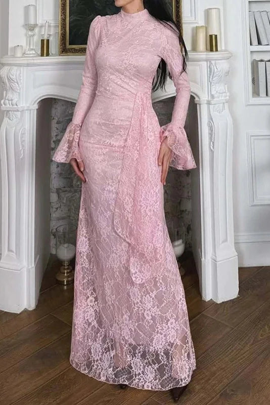 O-Neck Lace High Waist Long Sleeve Pleated Maxi Dress