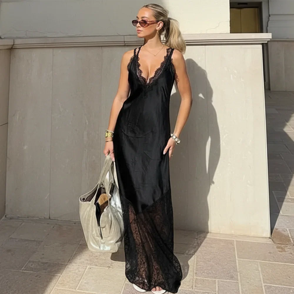 Lace Patchwork V Neck See Through Sleeveless Maxi Dress