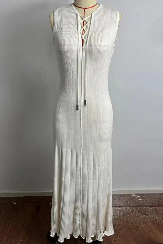 Elegant Hollow Out Lace Up Slim Knitted Sleeveless Maxi Dress