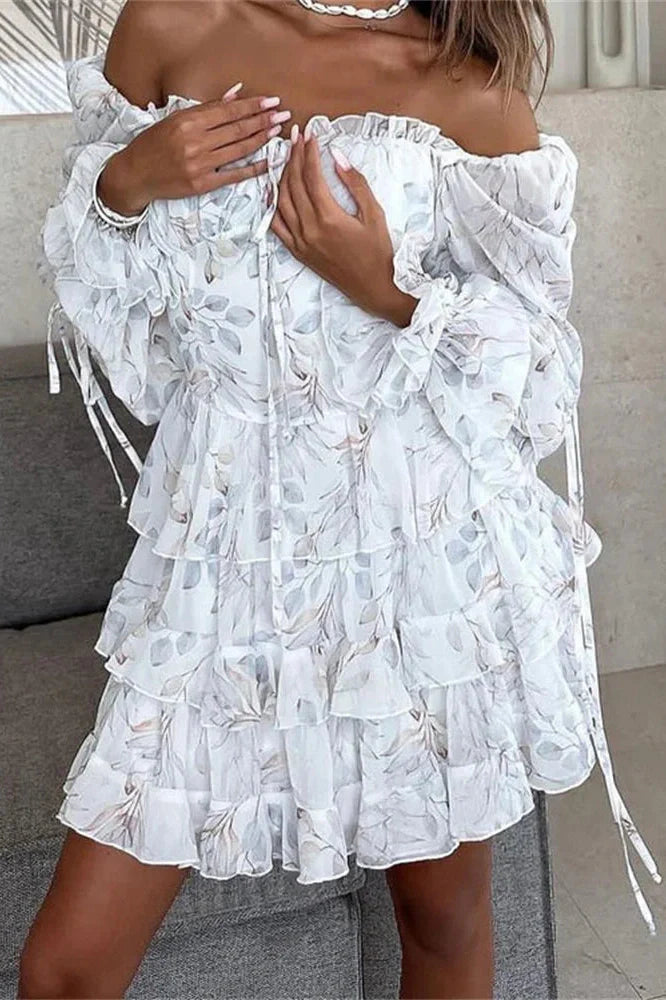 Printed Lace-Up Square Collar Patchwork Mini Dress
