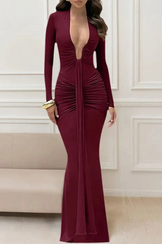 Deep V Neck Long Sleeve Bodycon Maxi Dress