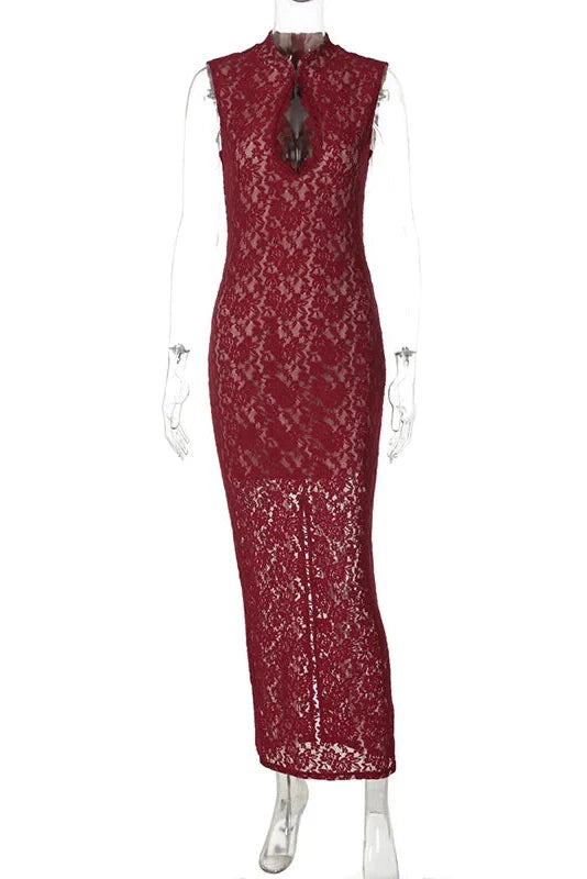 Hollow Out Lace Sleeveless Slim Maxi Dress