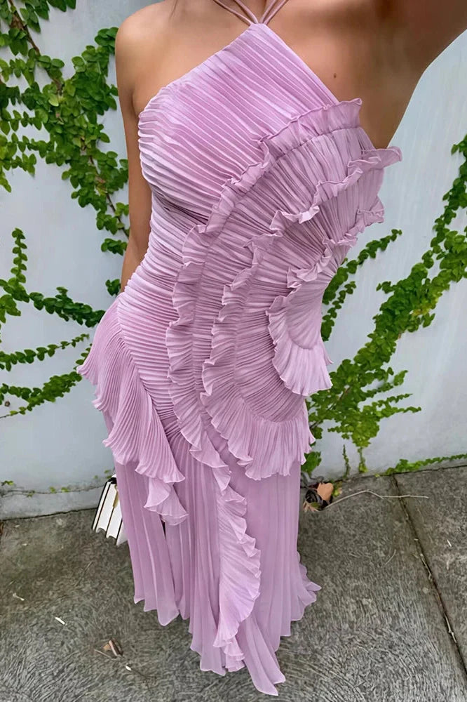 Off-Shoulder Sleeveless Backless Pleated Maxi Dress
