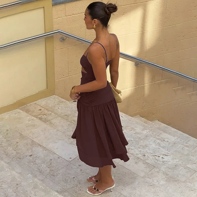 Hollow Out Slim Spaghetti Strap Midi Dress