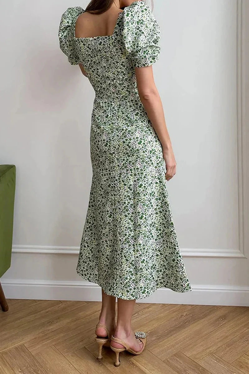 Short Sleeve Floral Print A-Line Midi Dress