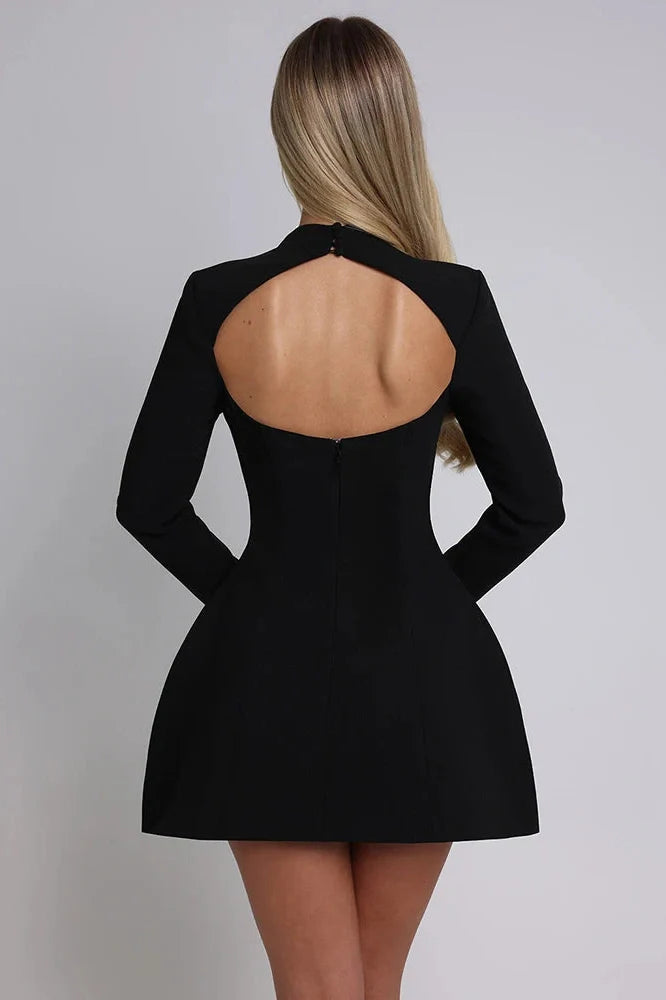 Long Sleeve O-Neck High Waist Backless A-line Mini Dress