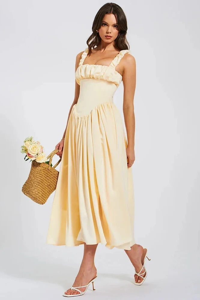 Elegant Square Collar Sleeveless Backless Midi Dress
