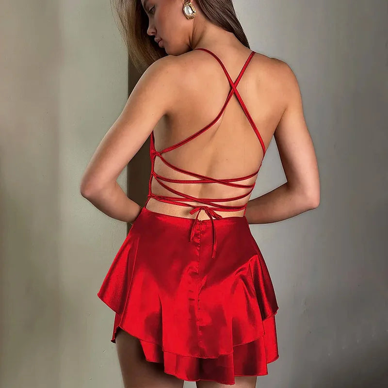 Backless V-Neck Lace-Up Mini Dress