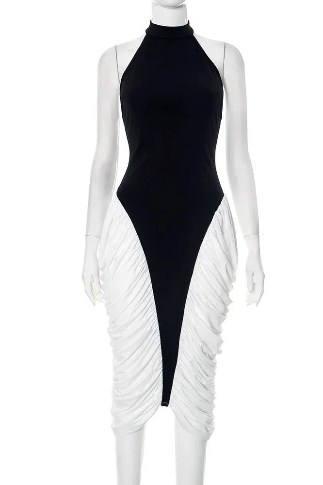 Patchwork Backless Sleeveless Pleated Midi Dress