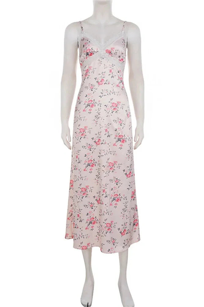 Lace Printed Backless High Waist Slim V-Neck Maxi Dress