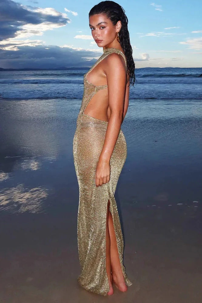See Through Sleeveless Backless Back Split Maxi Dress