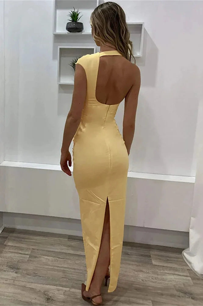Pleated High Waist Slim Backless Maxi Dress