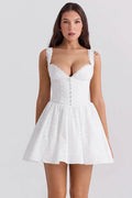 Embroidered Belted V Neck Sleeveless A-line Mini Dress