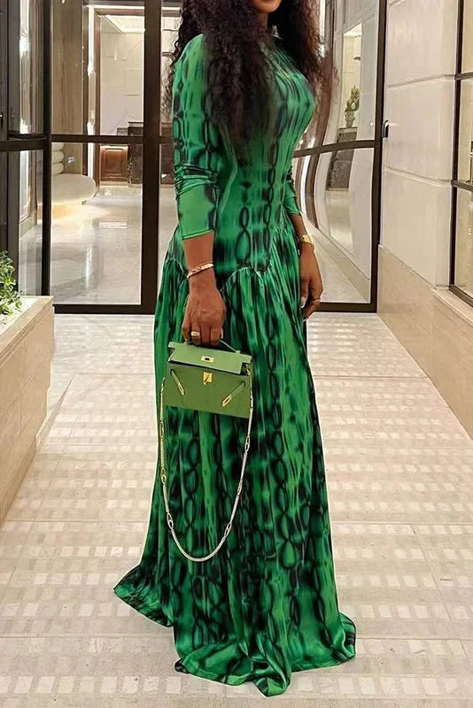 Printed Long Sleeve Slim High Waist Pleated Maxi Dress