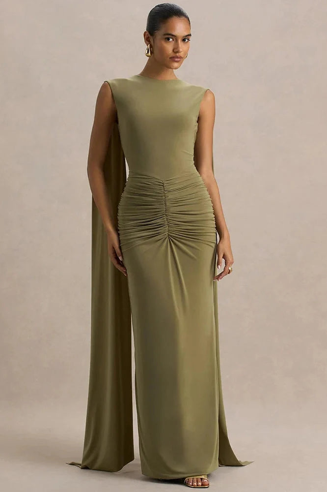 Backless Cape Sleeves High Waist Bodycon Maxi Dress