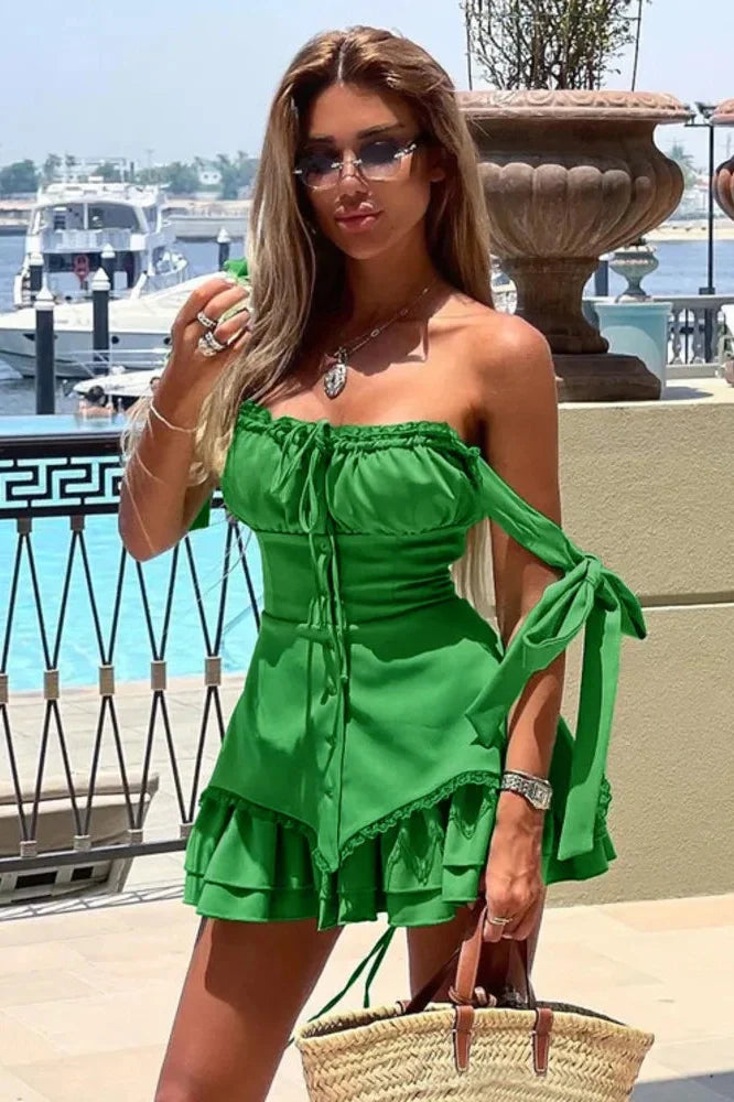 Sleeveless Spaghetti Strap Backless Lace-up Mini Dress