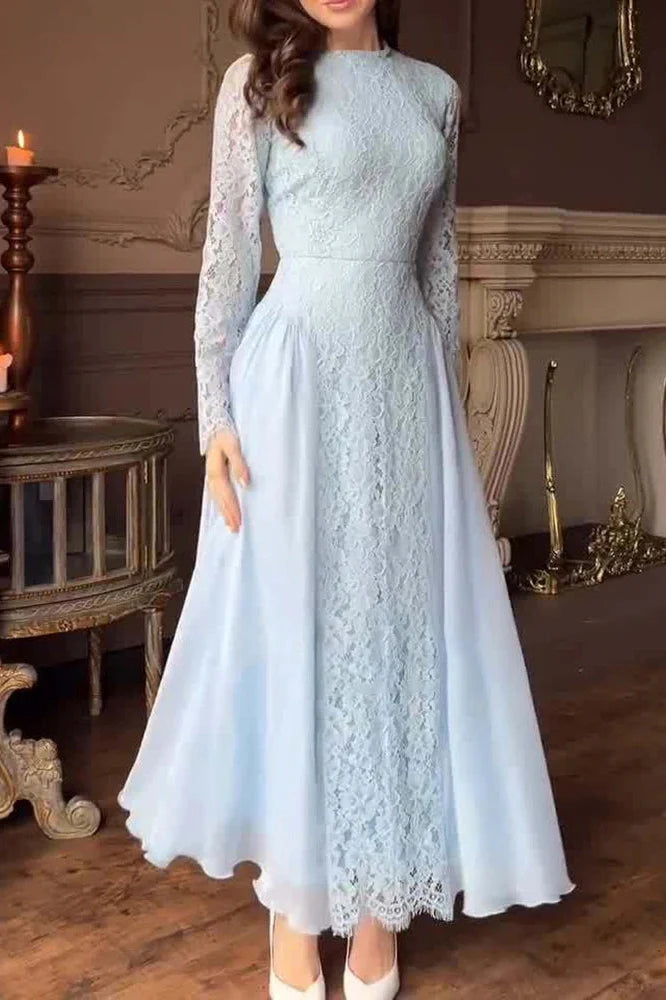 O-Neck Long Sleeve Pleated High Waist Lace Maxi Dress