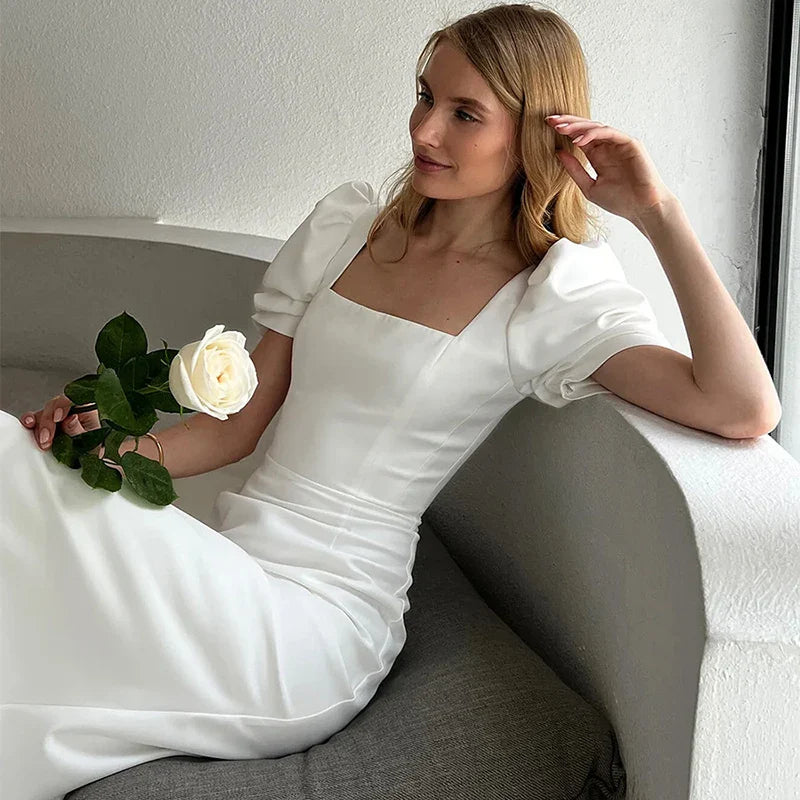 Square Collar Slim Short Sleeve High Waist Midi Dress