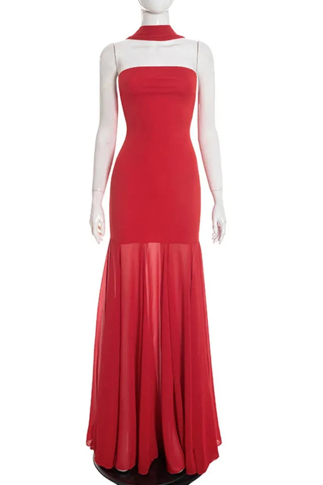 Off-Shoulder Strapless Scarf Collar Sleeveless Backless Bodycon Maxi Dress