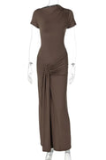 Elegant Slim Pleated Lace Up Short Sleeve Maxi Dress
