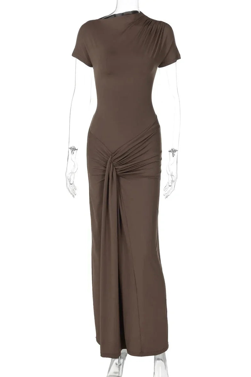 Elegant Slim Pleated Lace Up Short Sleeve Maxi Dress