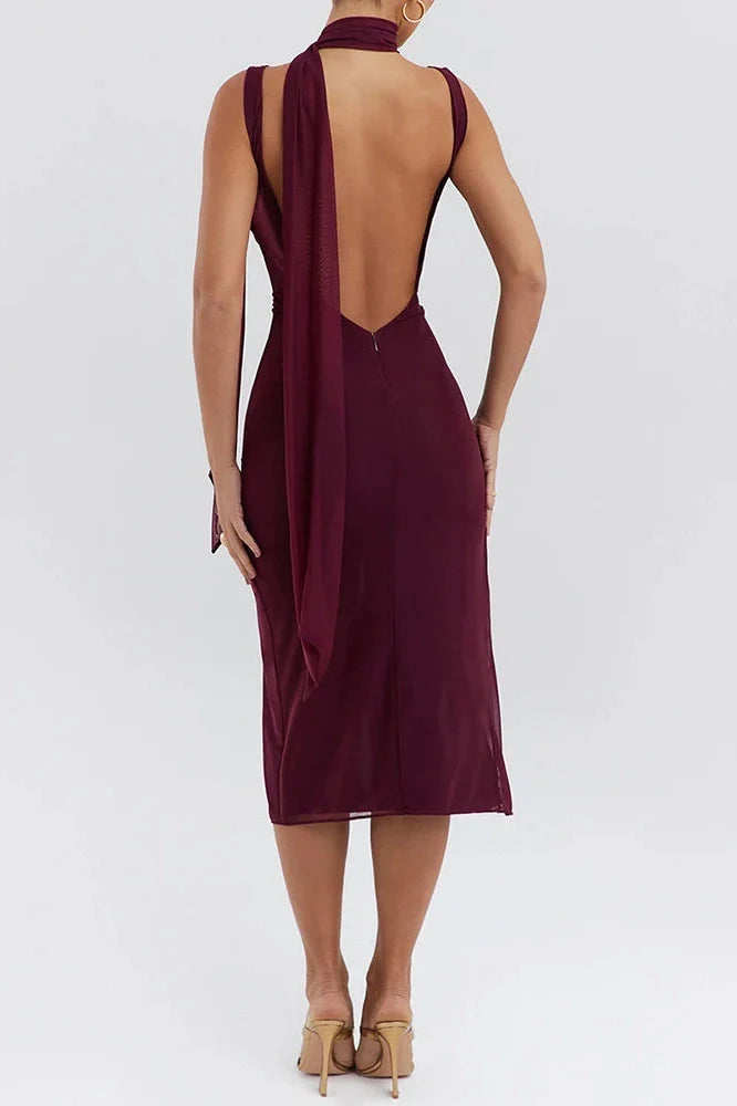 Elegant Flower High Split Sleeveless Backless Midi Dress