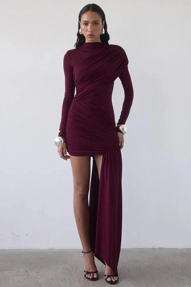 Elegant Turtleneck Long Sleeve High Waist Pleated Irregular Mini Dress