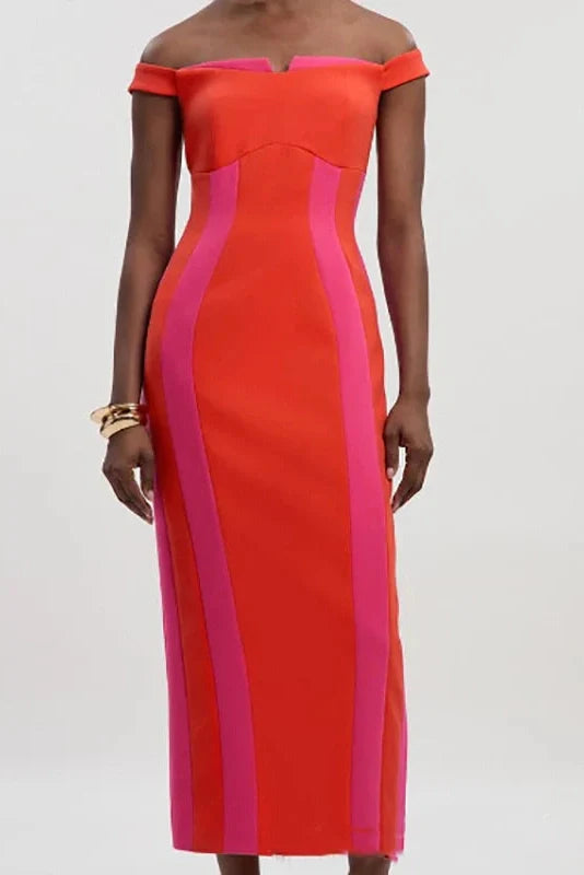 Elegant High Waist Sleeveless Slim Slash Collar Midi Dress