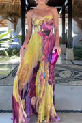 Elegant Strapless Printed Sleeveless Off Shoulder High Waist Maxi Dress