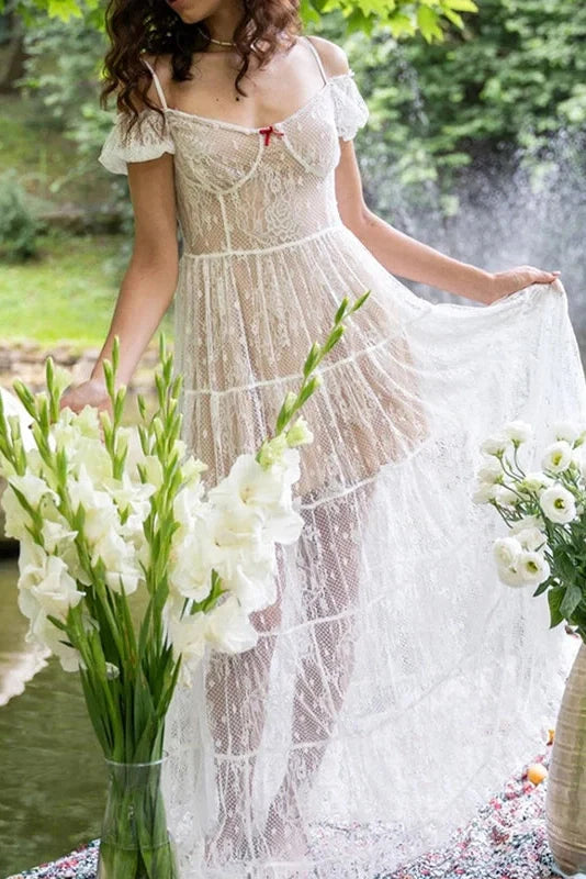 Slash Collar High Waist Pleated Lace Maxi Dress