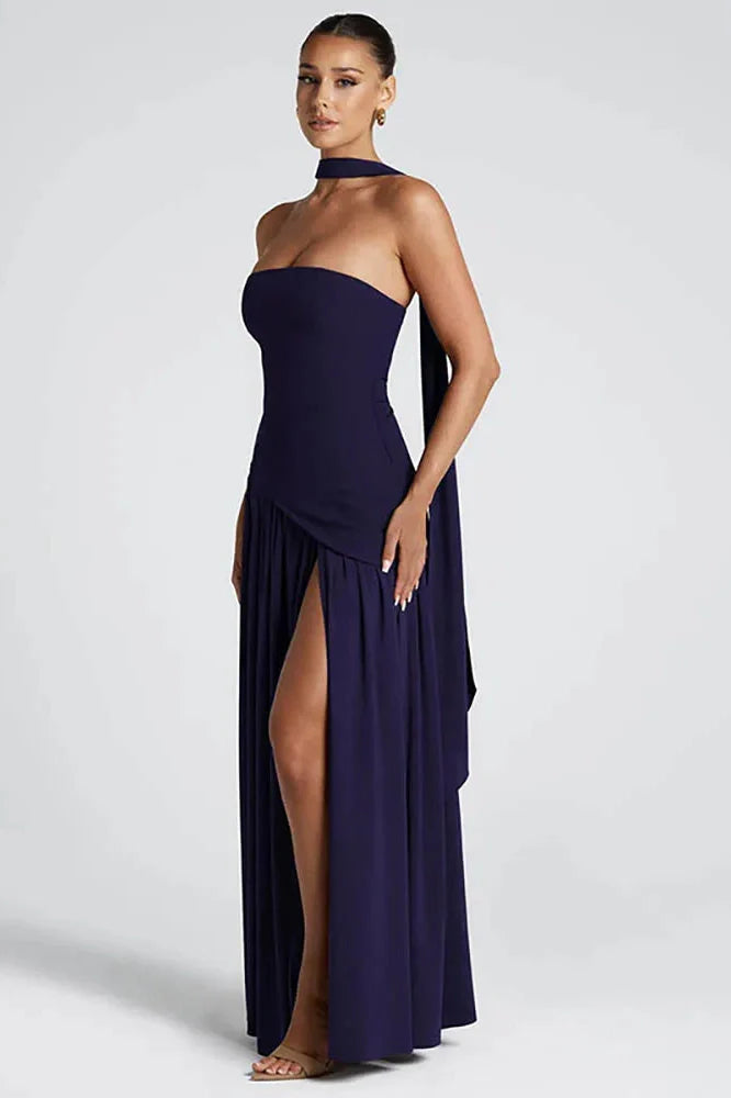 Off-Shoulder Scarf Collar Strapless Sleeveless High Split Maxi Dress