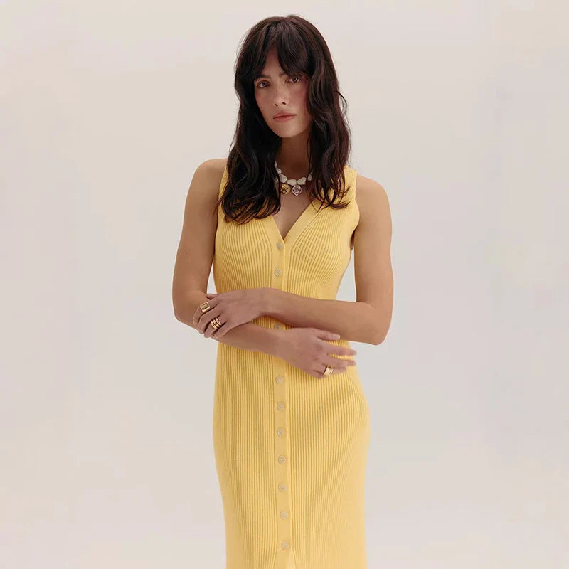 V-Neck Knitted Sleeveless Slim Maxi Dress