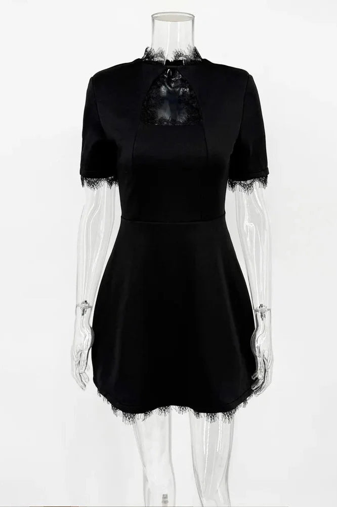 Lace Hollow Out Patchwork Short Sleeve Printed Mini Dress