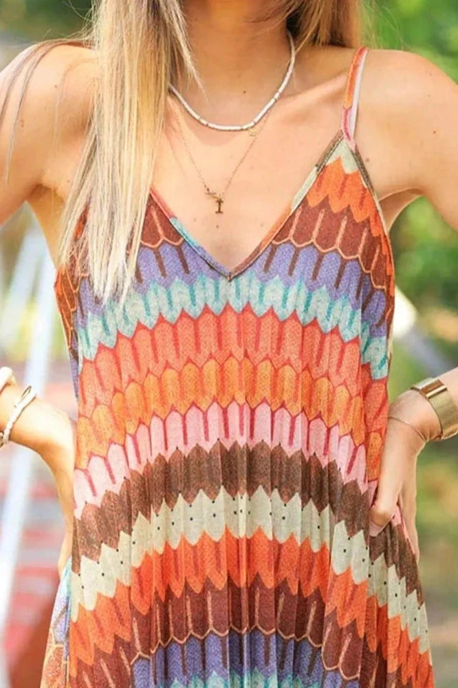 Pleated Printed Sleeveless Loose Backless High Waist Maxi Dress