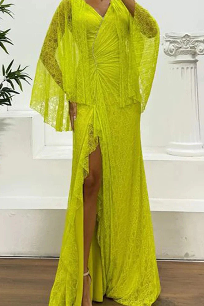 Hollow Lace Embroidery V-Neck Slim Split High Waist Maxi Dress