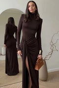 Turtleneck Long Sleeve High Split Maxi Dress