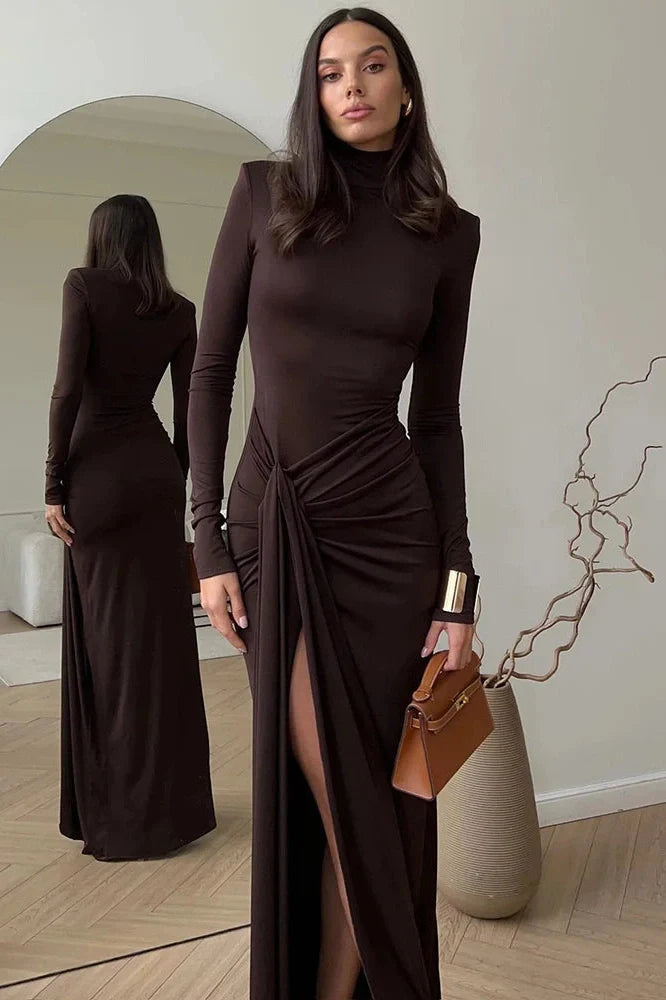 Turtleneck Long Sleeve High Split Maxi Dress