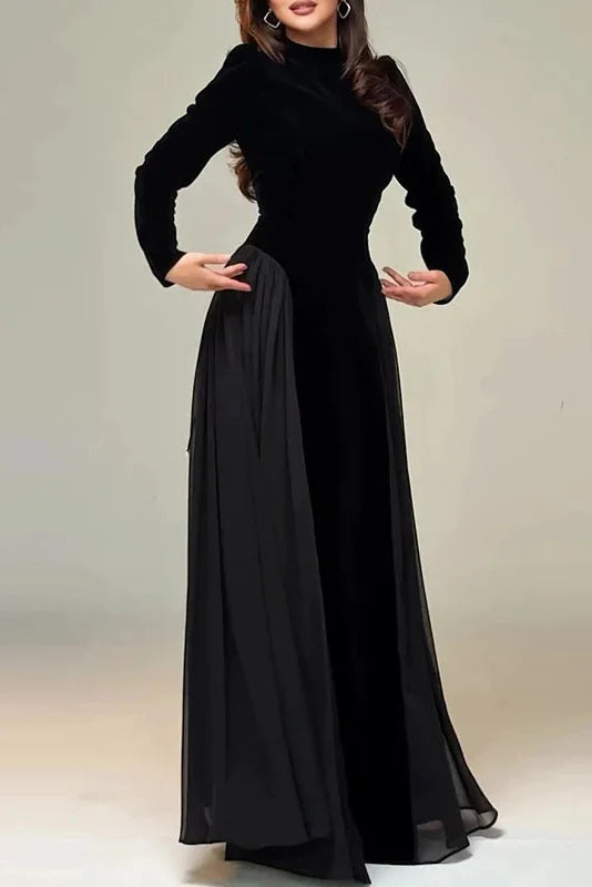 Elegant Long Sleeve Pleated O-Neck Maxi Dress