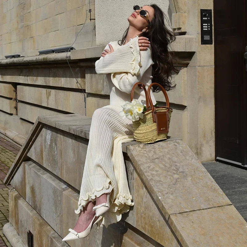 Knit Lace-Up Long Sleeve Loose Pleated Maxi Dress