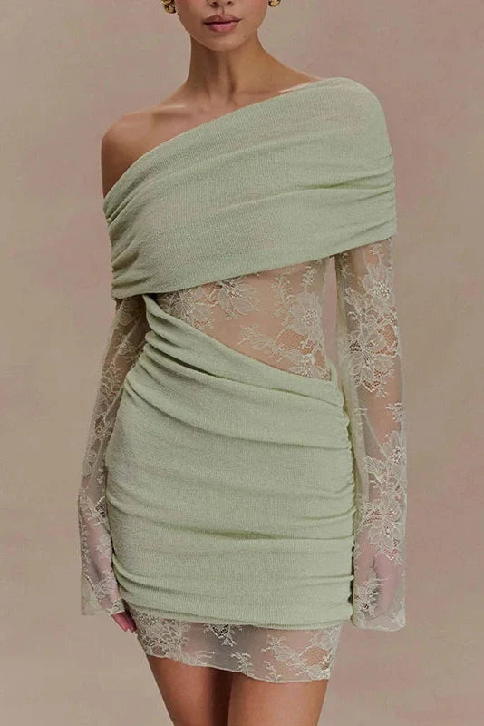 Hollow Out High Waist Slash Collar Lace Knitted Mini Dress