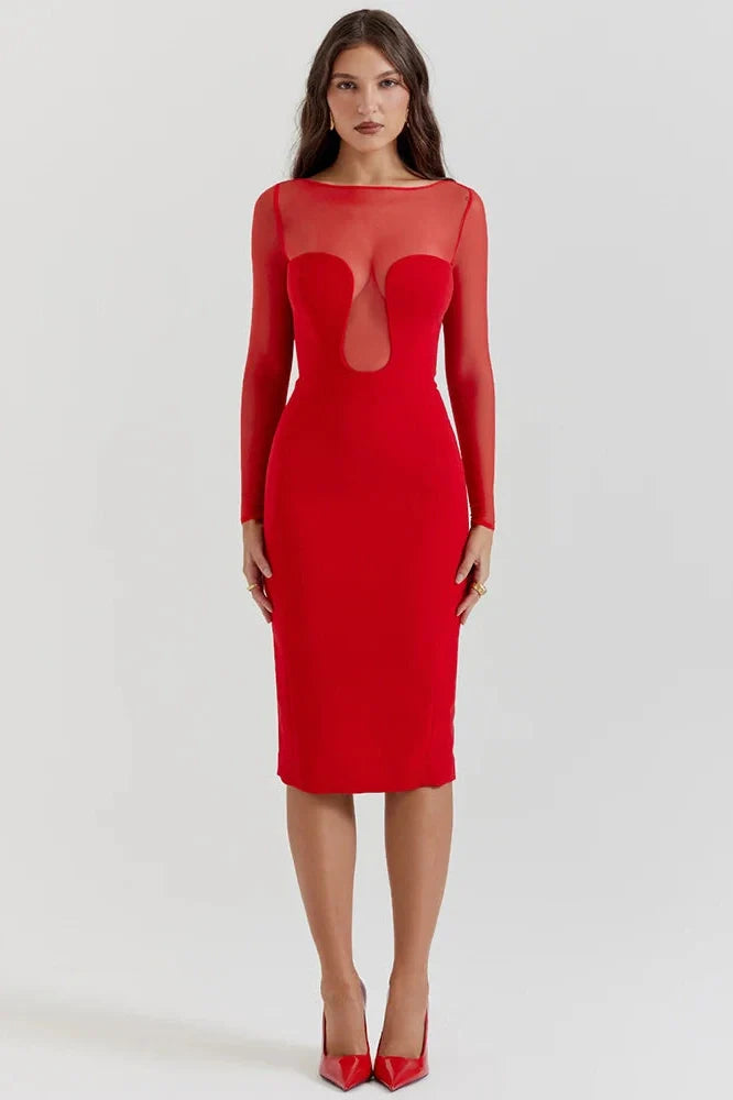 Elegant Long Sleeve Strapless Backless Split Bodycon Midi Dress 2026