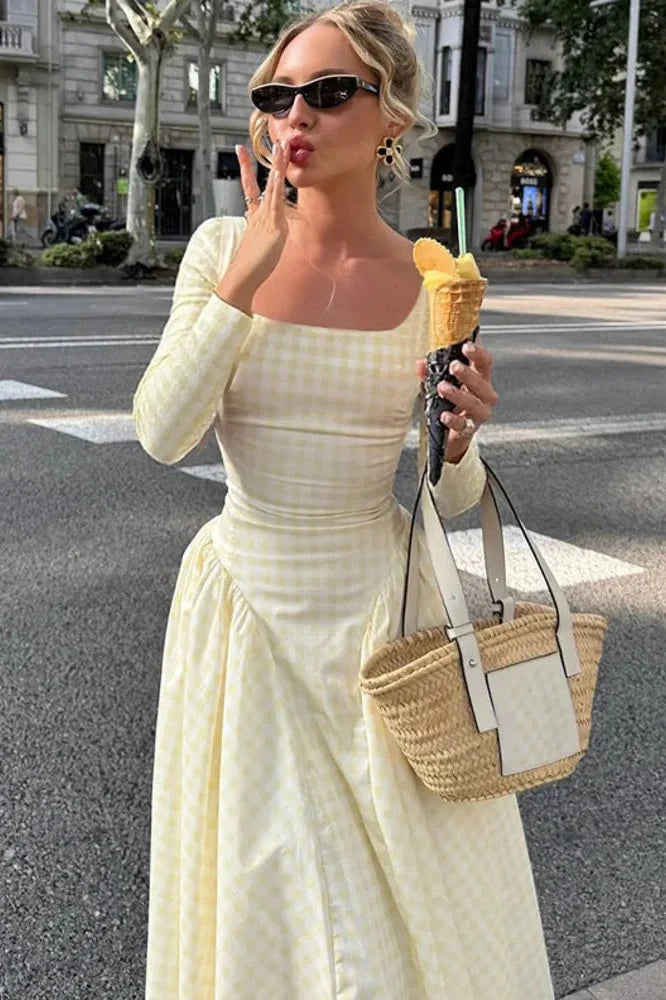 Plaid Long Sleeve Pleated Square Collar High Waist A-line Midi Dress