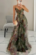 Elegant Print Pleated V Neck High Waist Backless Maxi Dress