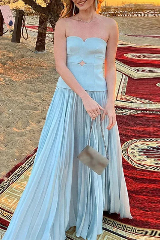 Off Shoulder High Waist Pleated Fit Sleeveless Maxi Dress