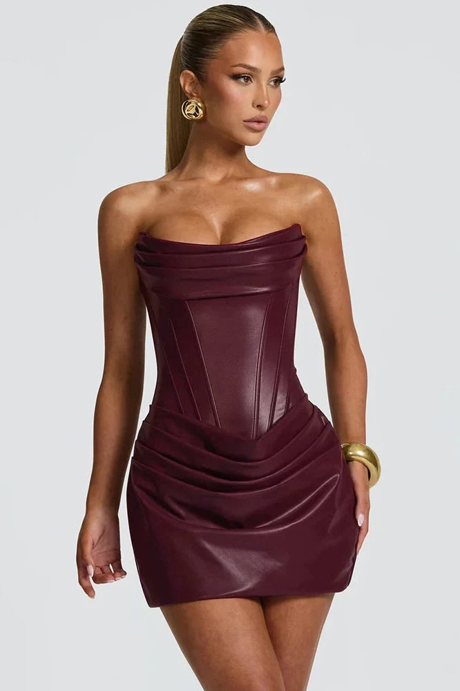 PU Leather Off-Shoulder Strapless Sleeveless Lace-up Mini Dress